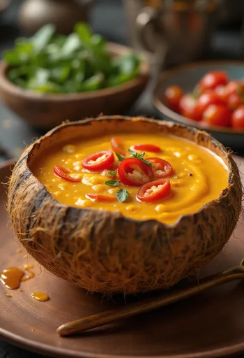 Začinjeni umak od kokosovog mlijeka i čilija u zdjelici, sa svježim korijanderom i kriškama čilija.