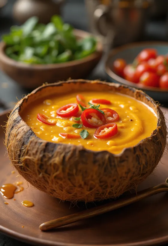 Začinjeni umak od kokosovog mlijeka i čilija u zdjelici, sa svježim korijanderom i kriškama čilija.