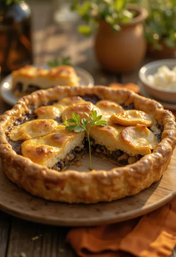 Kremasta veganska pita s gljivama narezana na kriške