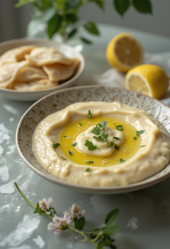 Tahini umak s limunom poslužen s pitom i grilanim povrćem
