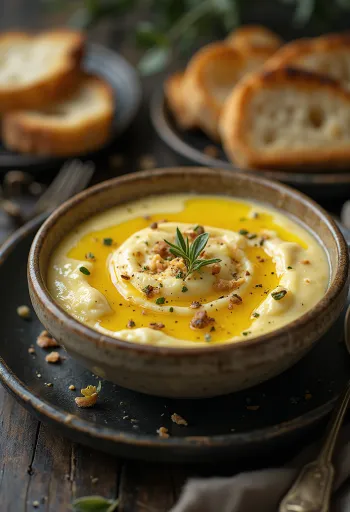 Namaz od patlidžana meke i kremaste teksture, serviran sa svježim začinskim biljem i maslinovim uljem