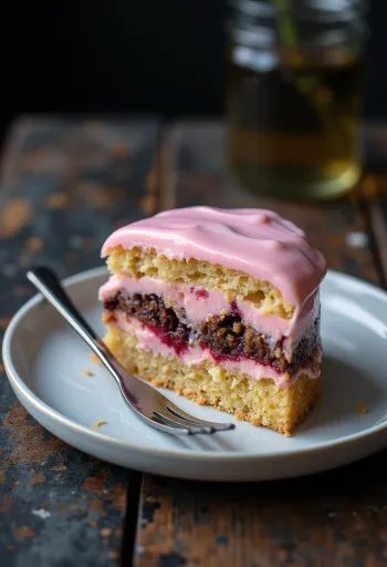 Šarene punč kocke slojevite s ružičastom glazurom i mekim biskvitom.