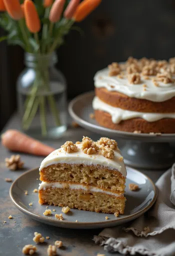 Torta od mrkve s premazom od krem sira, ukrašena orasima i naribanom mrkvom