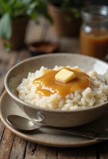 Risengrød s preljevom od karamela, poslužen s cimetom, kremaste teksture