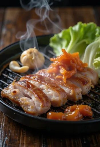 Samgyeopsal serviran s listovima salate i kimchijem
