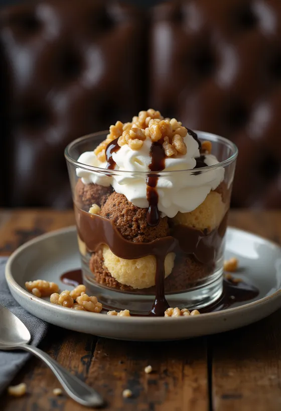 Somlói galuska složena s mekim biskvitom, kremom od vanilije i čokoladnim preljevom