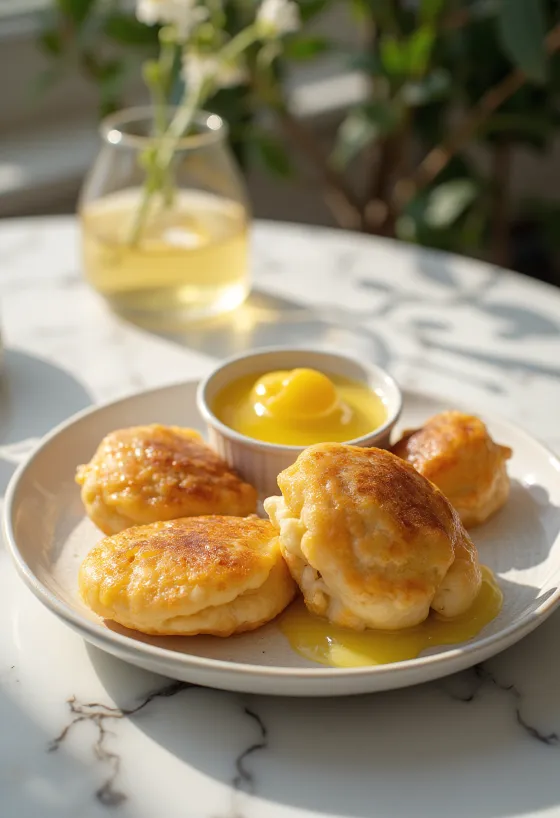 Æbleskiver s kremom od limuna, svježe i bucmaste kuglice, ukrašene umakom od limuna