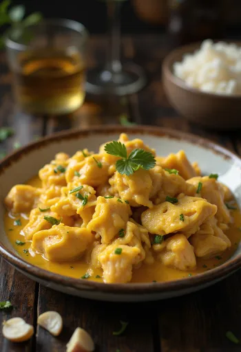 Ají de Gallina s češnjakom, posluženo sa sočnom piletinom i bogatim umakom.