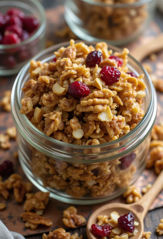 Domaća granola s hrskavim zobenim pahuljicama, orašastim plodovima i suhim voćem