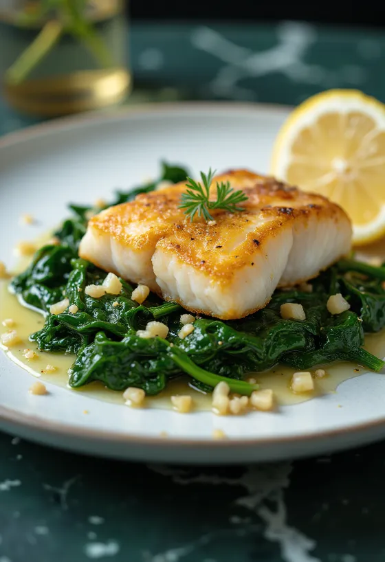 Pečena riba sa špinatom i češnjakom poslužena