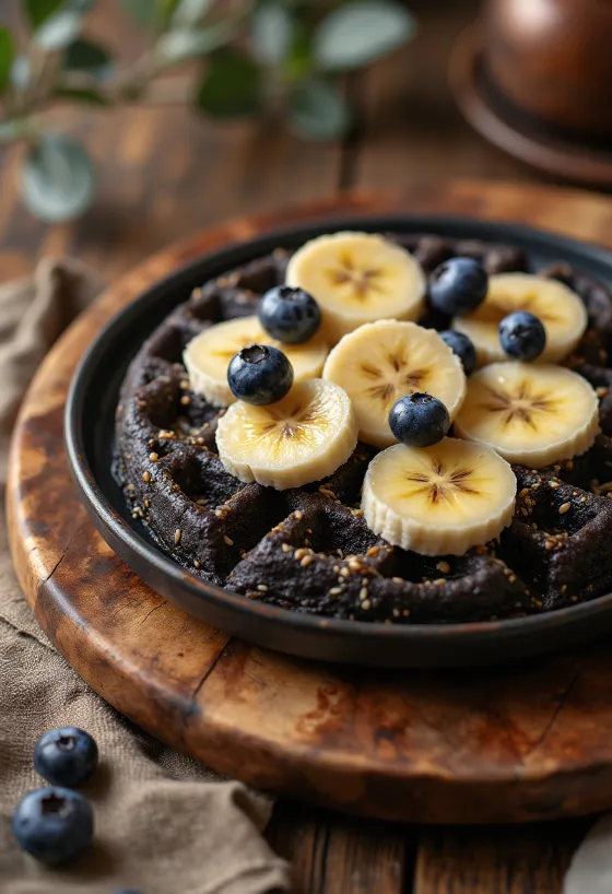 Superfood vafli s chia sjemenkama, kvinojom, bananom, borovnicama i bademima, posluženi