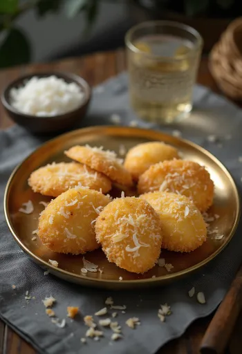 Zlatno smeđi prženi kolačići thekua s vidljivim komadićima kokosa