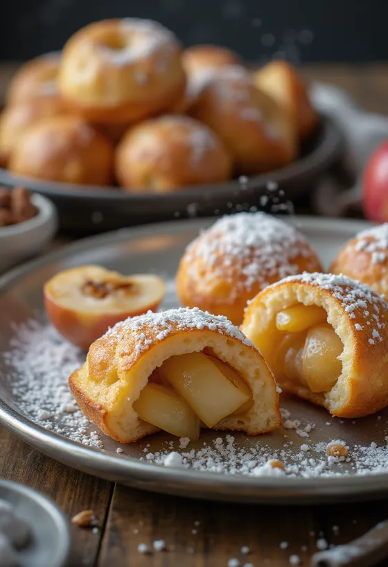 Æbleskiver s punjenjem od jabuke i cimeta, pečeno do zlatno smeđe boje, posuto šećerom u prahu
