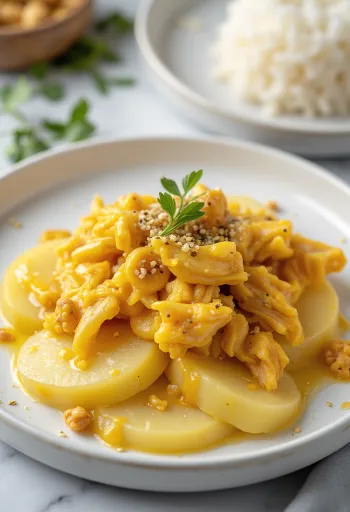 Ají de gallina bez jaja, piletina u kremastom žutom umaku, poslužena s rižom i krumpirom