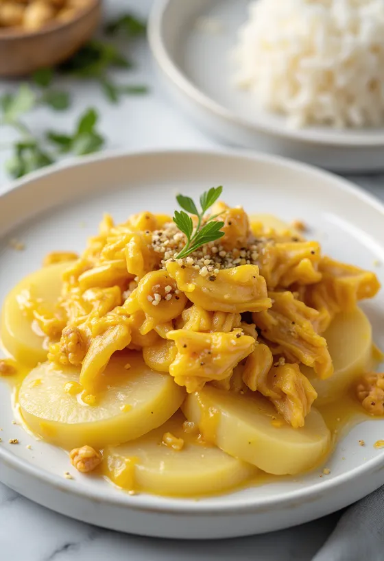 Ají de gallina bez jaja, piletina u kremastom žutom umaku, poslužena s rižom i krumpirom
