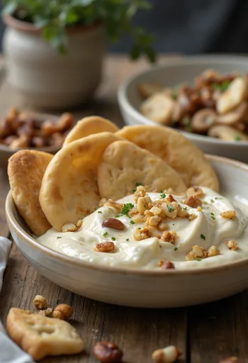 Složenac od kruha i slanutka bogato preliven gustim tahini umakom