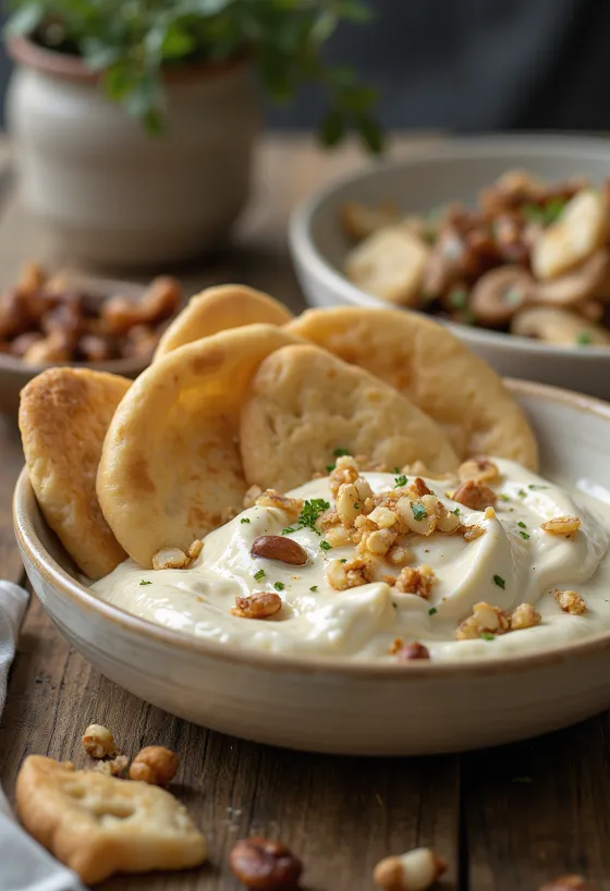 Složenac od kruha i slanutka bogato preliven gustim tahini umakom