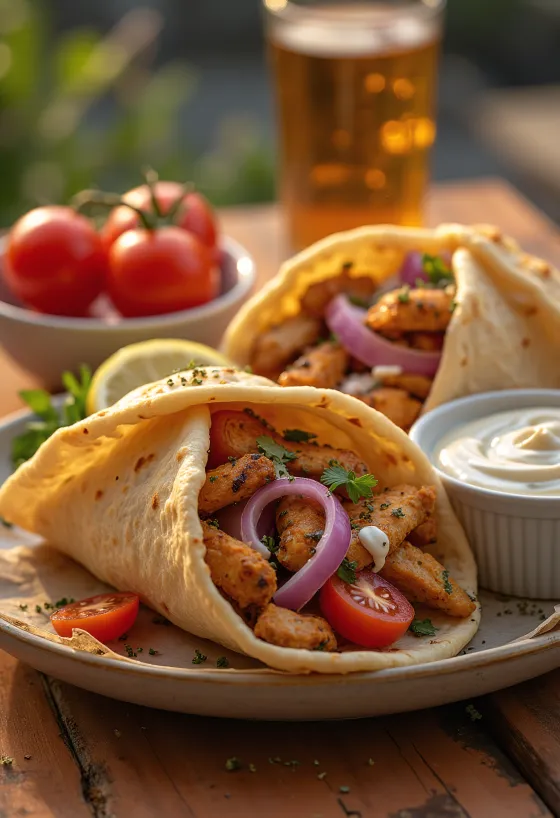 Svježe pečeno gyros meso u piti, servirano s povrćem i jogurtnim preljevom.