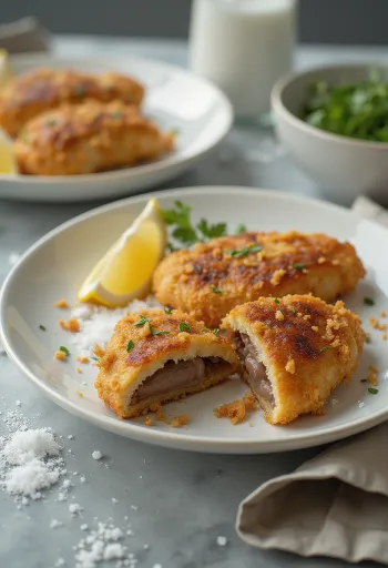 Hrskava pohana svinjska jetra pečena do zlatno-smeđe boje, poslužena sa svježim salatom.