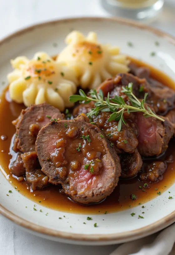 Sauerbraten serviran