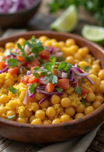 Ghugni sa začinjenim svježim povrćem, poslužen sa svježim korijanderom