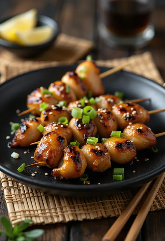Sunagimo yakitori s pilećim želucima, poslužen sa sjemenkama sezama i mladim lukom