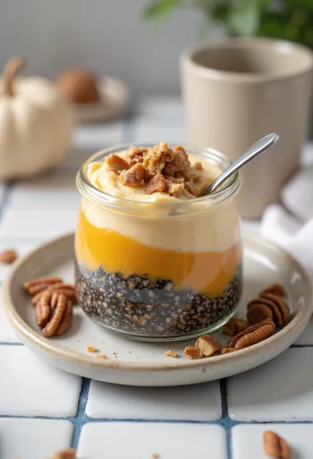 Chia puding s bundevom, poslužen s cimetom i tostiranim orasima.