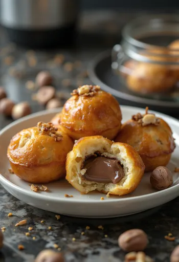 Æbleskiver punjen Nutellom, pečen do zlatno smeđe boje, posut šećerom u prahu