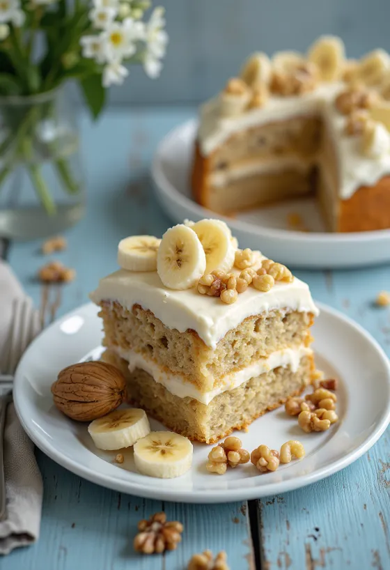 Kremasta torta od banane i oraha ukrašena svježim kolutićima banane i orasima