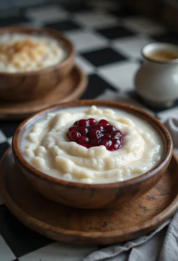 Rømmegrøt s džemom od brusnica, u bogatoj i kremastoj zdjeli