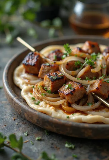 Šašlik ražnjići servirani s grilanim povrćem