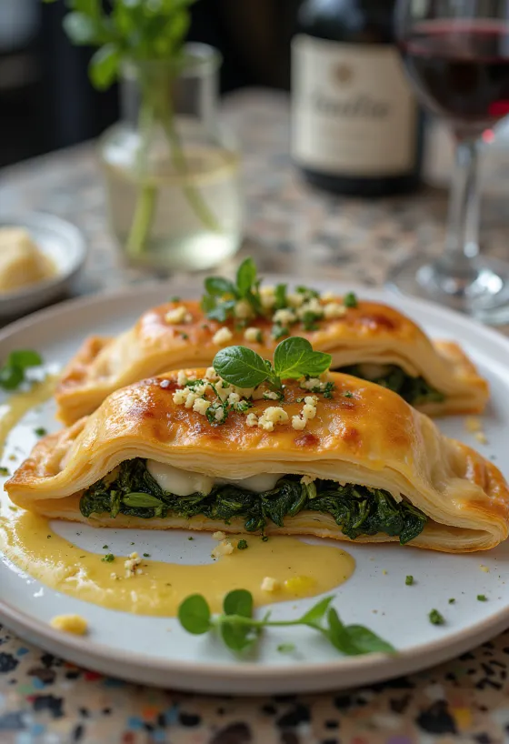 Spanakopita s češnjakom, nadjev od špinata i feta sira, u hrskavom filo tijestu