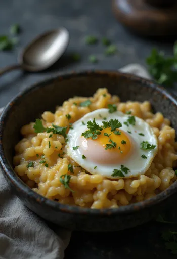 Açorda s poširanim jajetom, ukrašena svježim korijanderom, poškropljena limunovim sokom