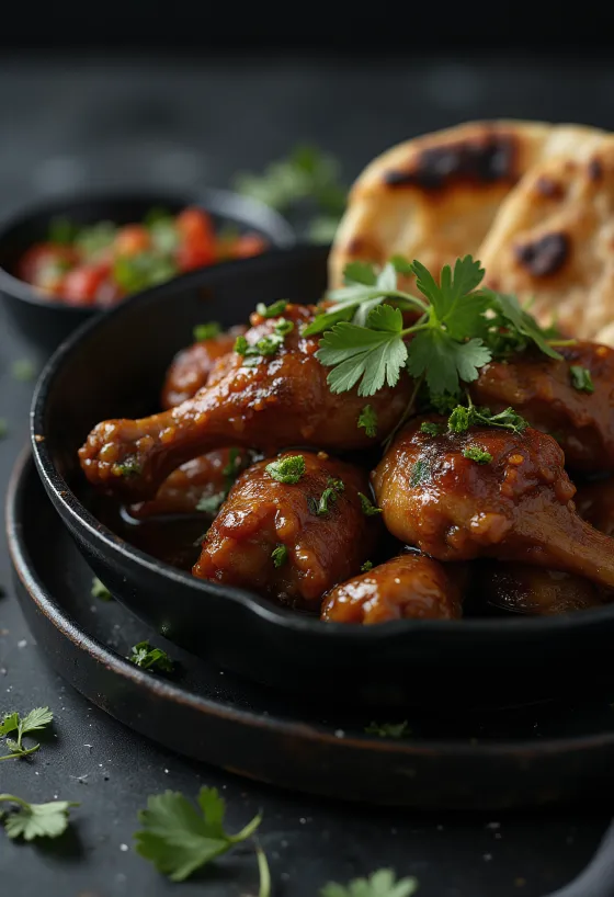 Adobo piletina poslužena s naan kruhom, u ukusnom začinjenom umaku
