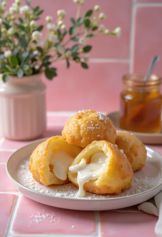 Æbleskiver s punjenjem od ricotte, zlatno smeđe boje, posluženo posuto šećerom u prahu