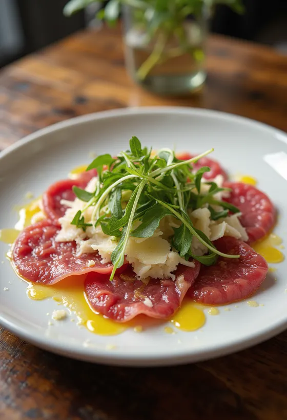 Carpaccio od bifteka poslužen s rikolom i parmezanom
