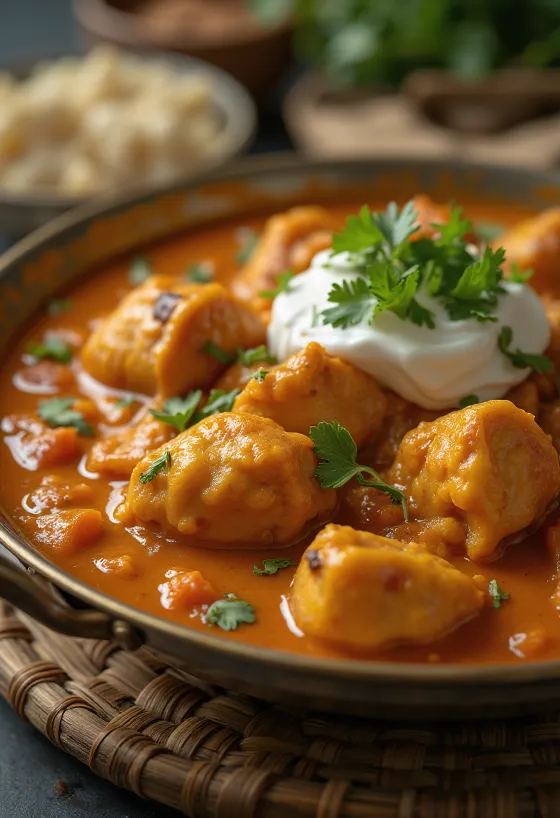Piletina tikka masala u kremastom umaku od rajčice, ukrašena svježim korijanderom