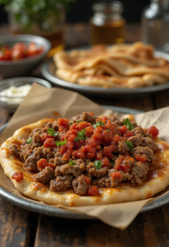 Lahmacun začinjeni, poslužen sa svježim tijestom i začinjenim mesnim nadjevom