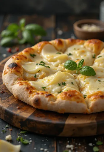 Pizza ai Formaggi poslužena s raznim sirevima i svježim bosiljkom
