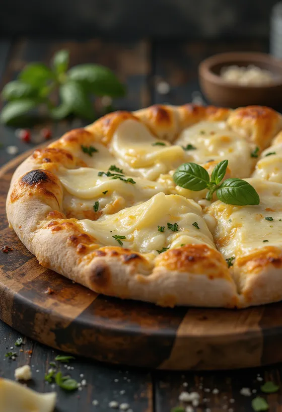 Pizza ai Formaggi poslužena s raznim sirevima i svježim bosiljkom