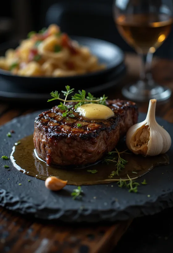 Rib eye steak pečen do zlatnosmeđe boje, poslužen sa svježim začinskim biljem i maslacem