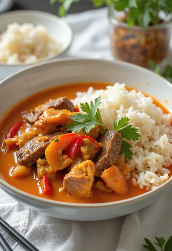Tajlandski crveni curry s govedinom i rižom poslužen