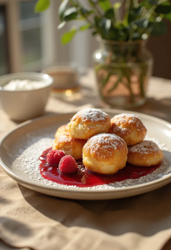 Æbleskiver s džemom od malina i šećerom u prahu