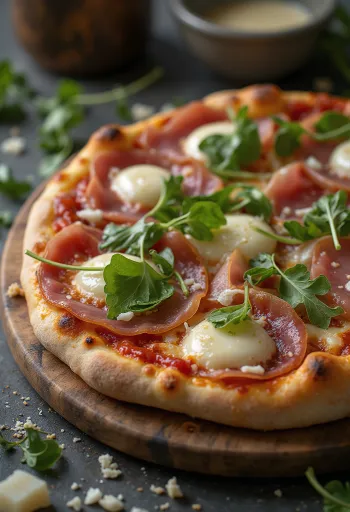 Pizza al Prosciutto Crudo poslužena s parmskom šunkom i rikolom