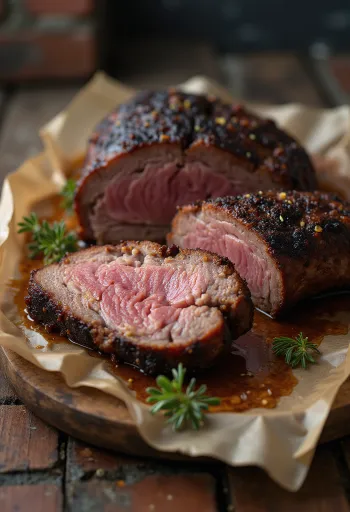 Dimljena goveđa prsa poslužena u tankim kriškama s barbecue umakom i prilozima