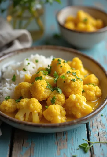 Veganski curry od cvjetače poslužen s kokosovim mlijekom i začinima
