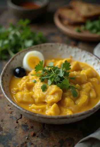 Ají de gallina poslužen s korijanderom, u kremastom umaku