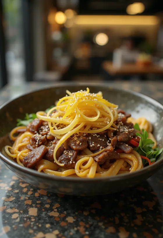 Japchae s govedinom serviran, s rezancima od batata i povrćem