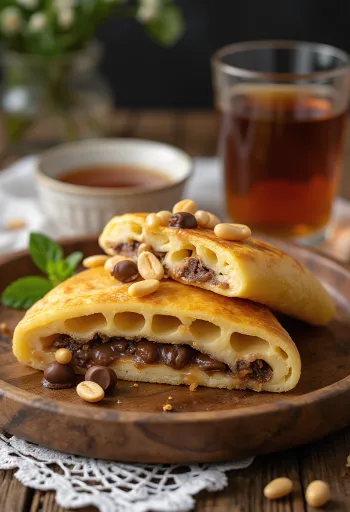 Martabak manis s karameliziranim šećerom, poslužen s kikirikijem