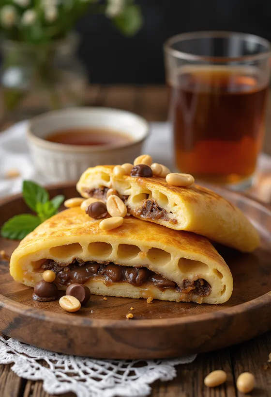 Martabak manis s karameliziranim šećerom, poslužen s kikirikijem
